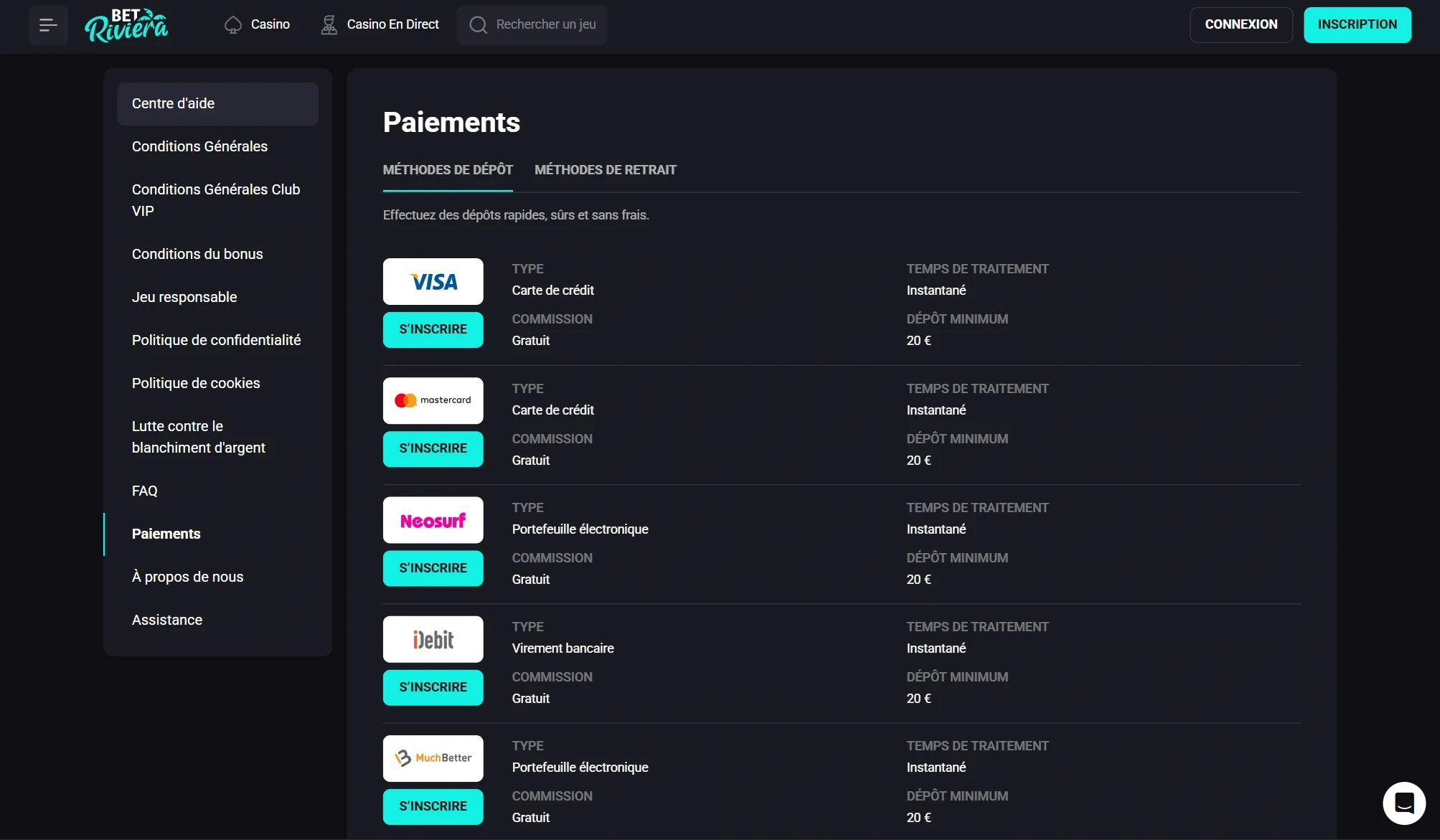 Betriviera Casino Moyens de Paiement