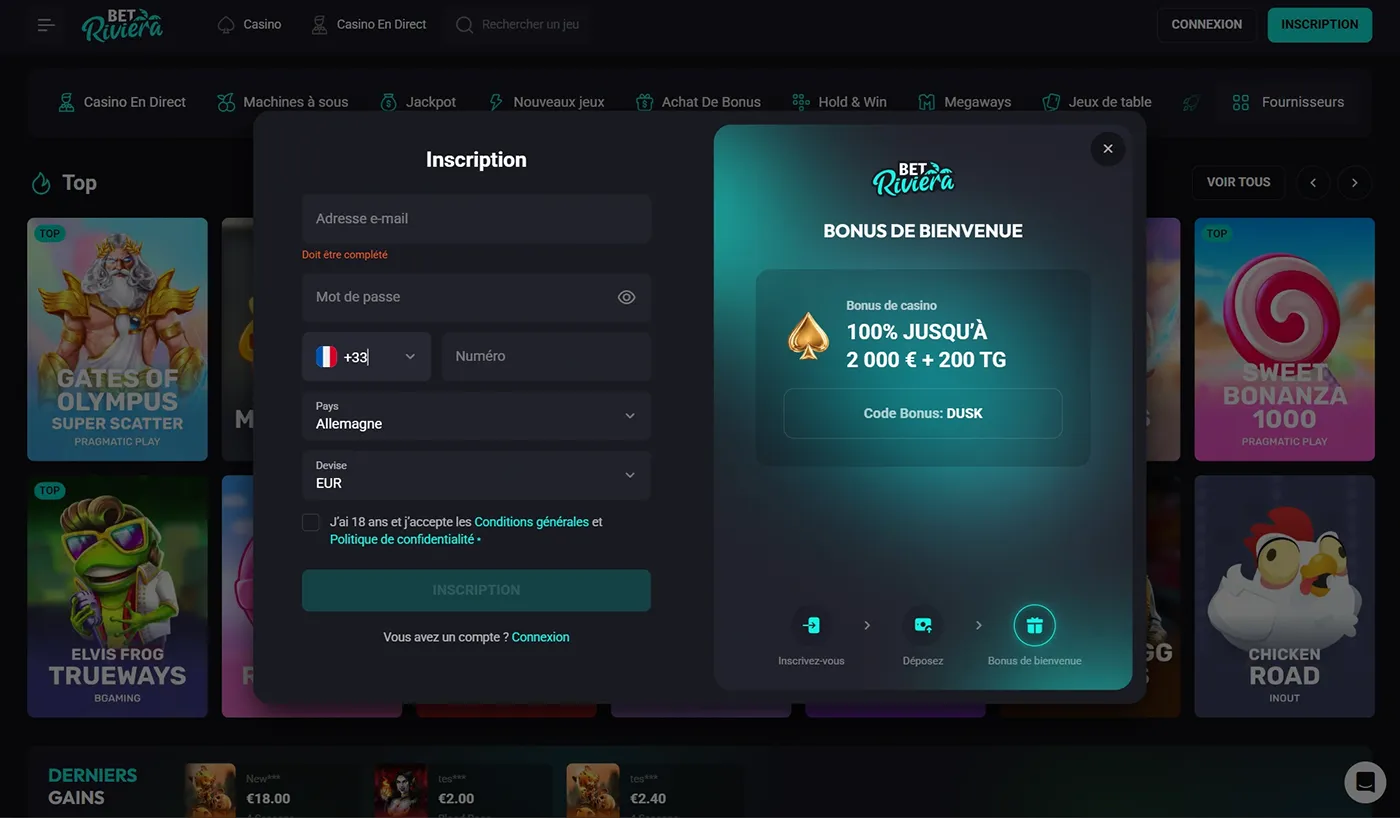 Betriviera Casino Inscription